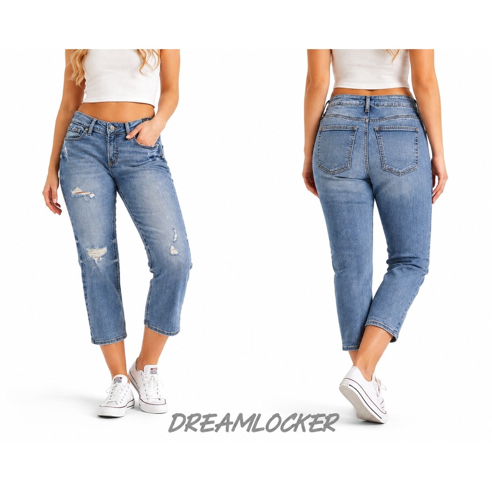 Silver Jeans Co Suki‎ Curvy Fit Mid Rise Capri Distressed Blue Denim W 27 L 23.5